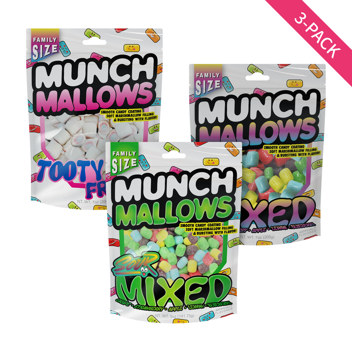 3-pack munch mallows sample kit tooty frooty, sour mixed, and mixed flavor