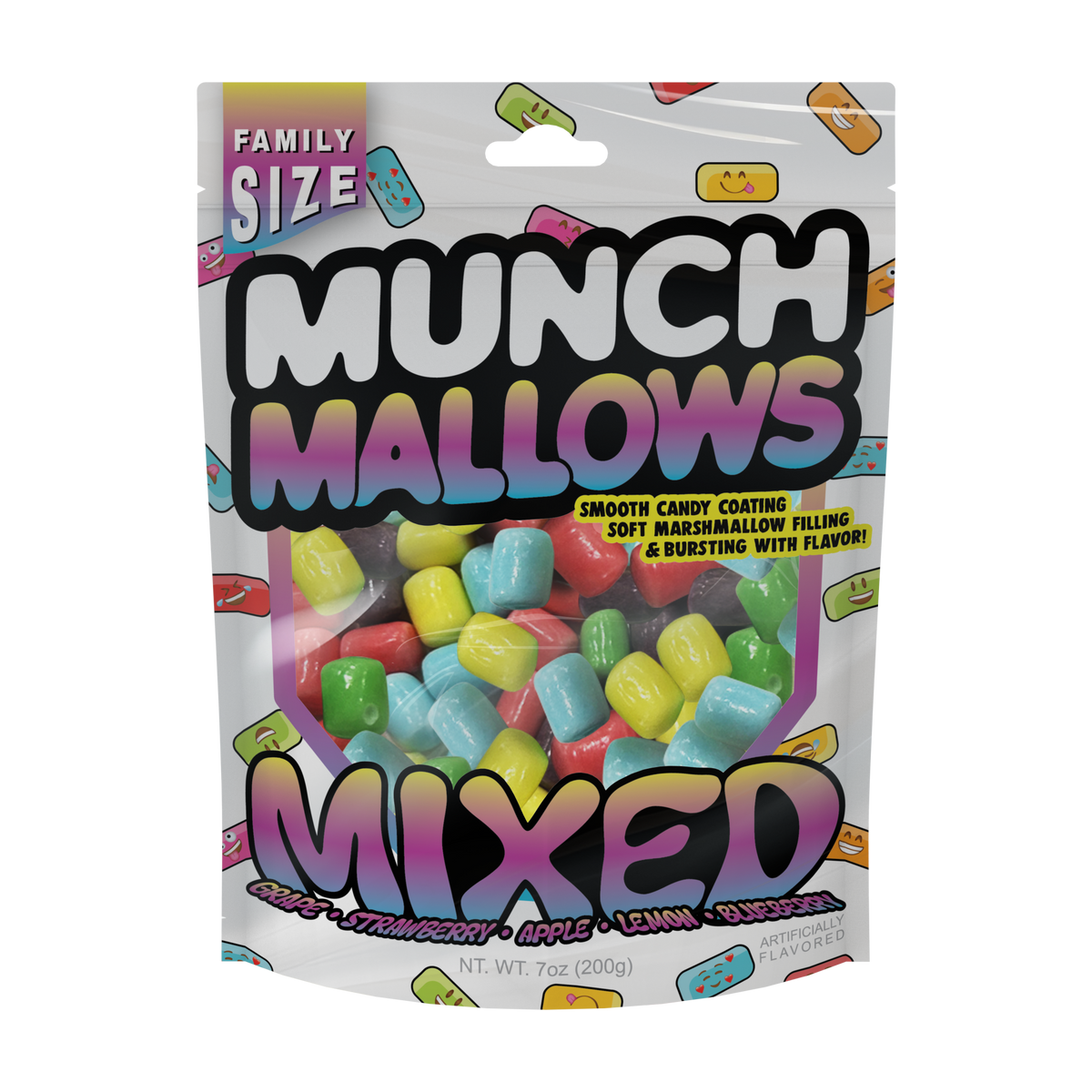 munch mallows mixed flavor candy grape, strawberry, apple, lemon, blueberry