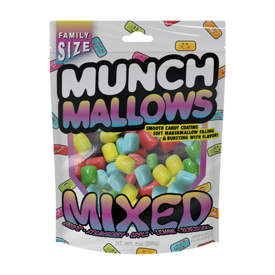 munch mallows mixed flavor candy grape, strawberry, apple, lemon, blueberry