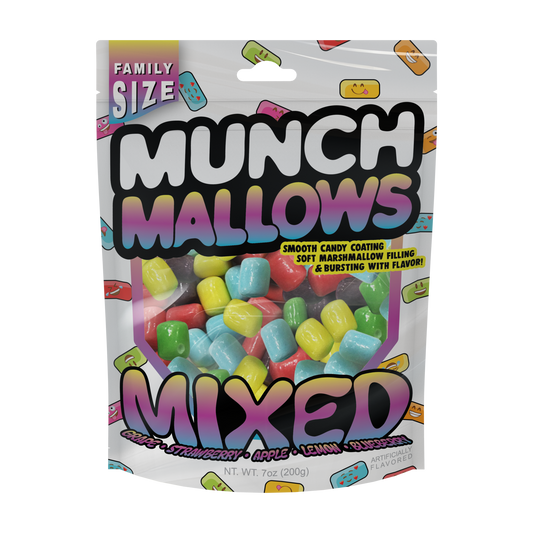 munch mallows mixed flavor candy grape, strawberry, apple, lemon, blueberry