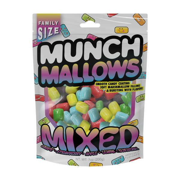 munch mallows mixed flavor candy grape, strawberry, apple, lemon, blueberry