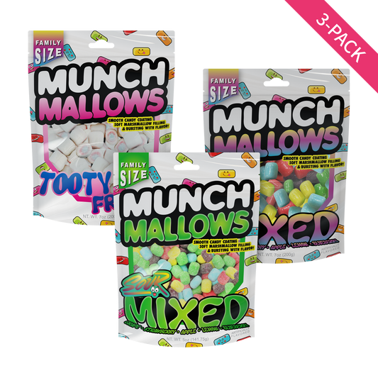3-pack munch mallows sample kit tooty frooty, sour mixed, and mixed flavor