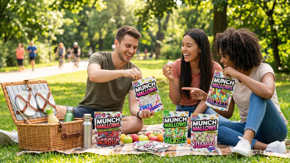 three people sitting on a blanket in a park, enjoying Munch Mallows snacks