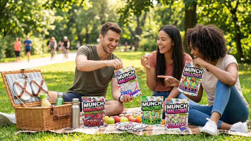 three people sitting on a blanket in a park, enjoying Munch Mallows snacks